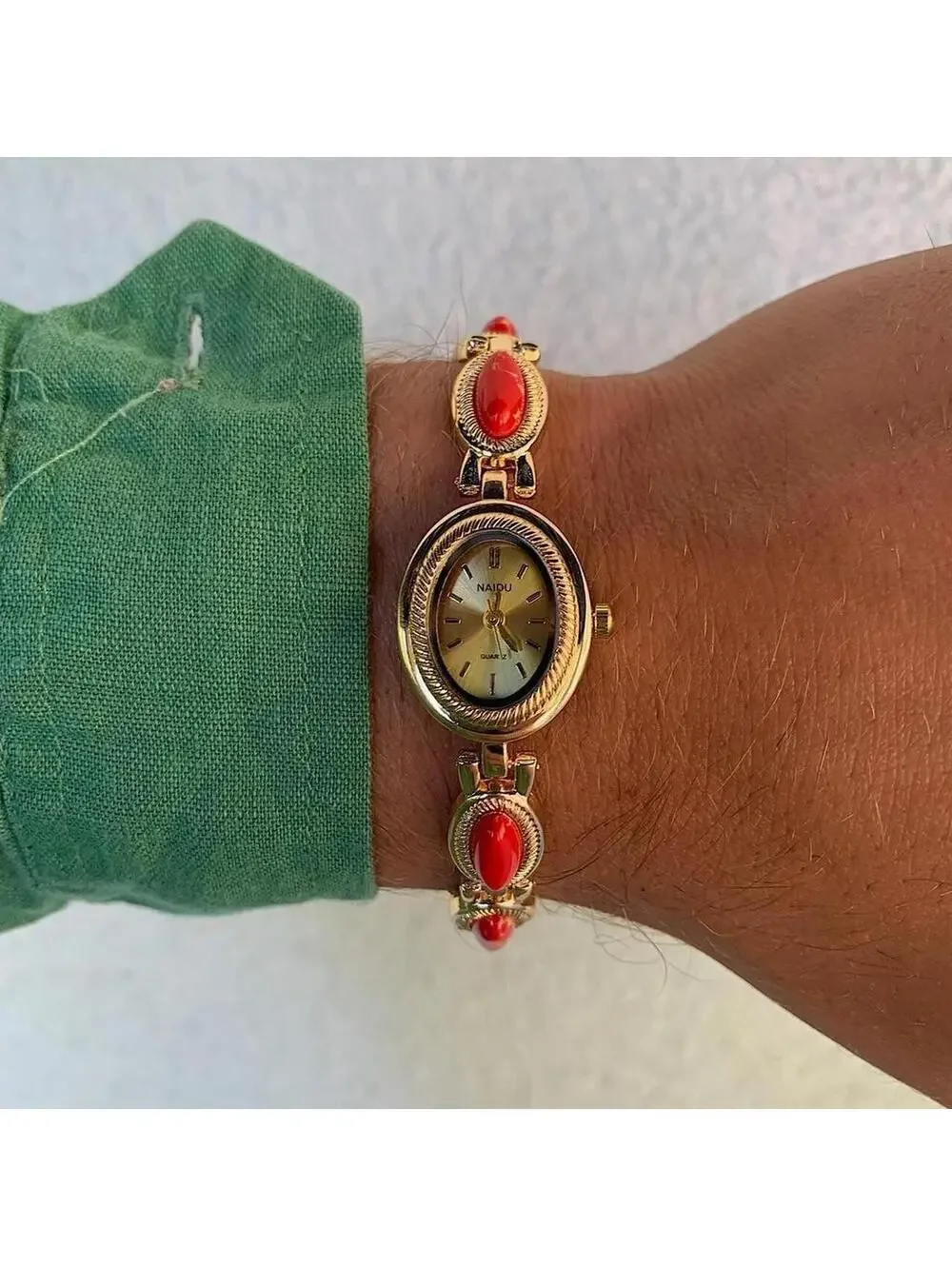 Y2k style Dainty cute Gold style tone quartz watch with red green jade stone